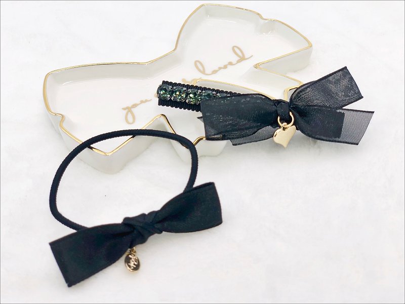 Glitter Black Hair Clip with Ribbon Bow Ponytail Holder Set  - เครื่องประดับผม - วัสดุอื่นๆ สีดำ