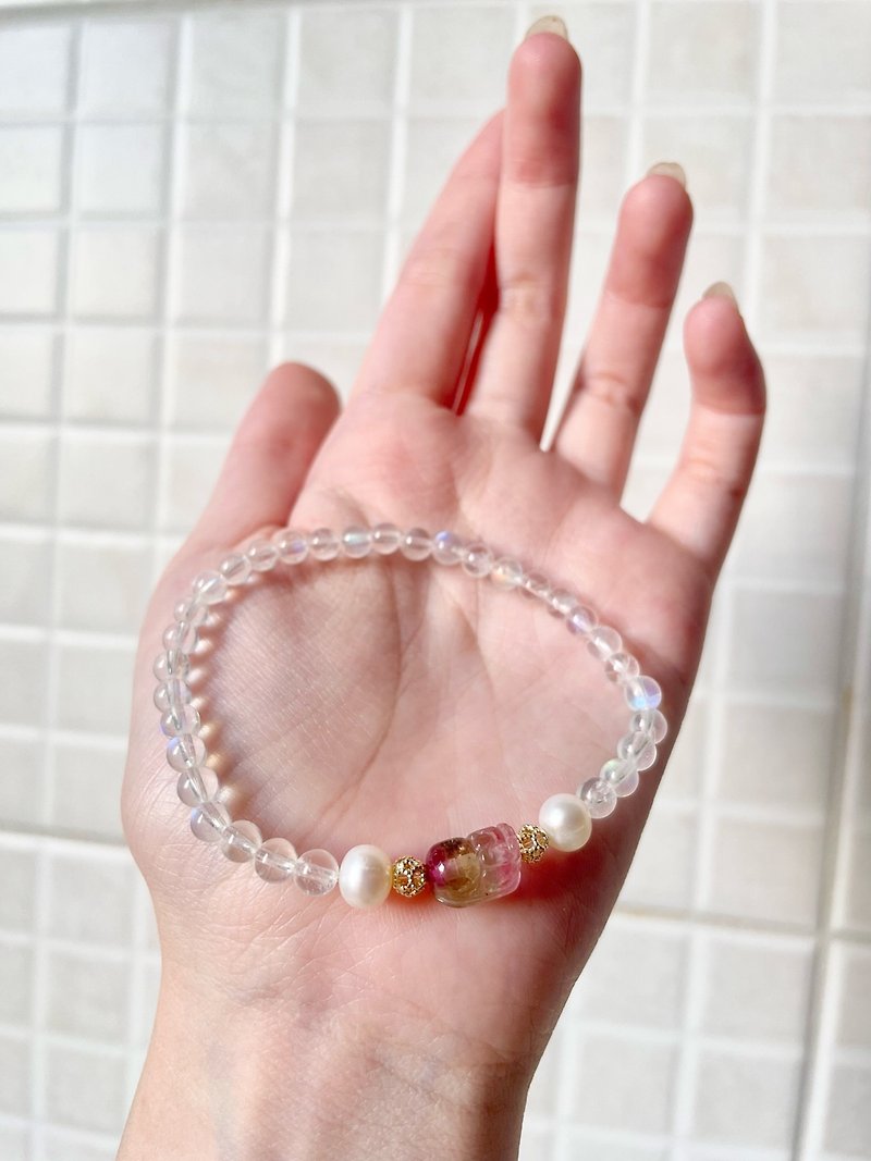 Customization | Sweet Watermelon and Moonlight | Watermelon Tourmaline, Indian Moonstone, Natural Freshwater Pearl - Bracelets - Crystal White