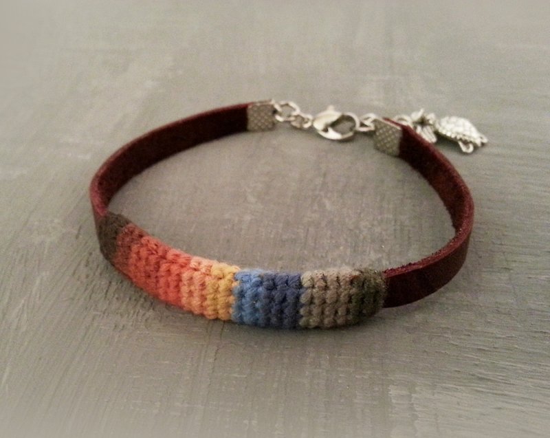 Slim Multicolor Leather Crochet Mens Bracelet Turtle Charm - 手鍊/手環 - 繡線 多色