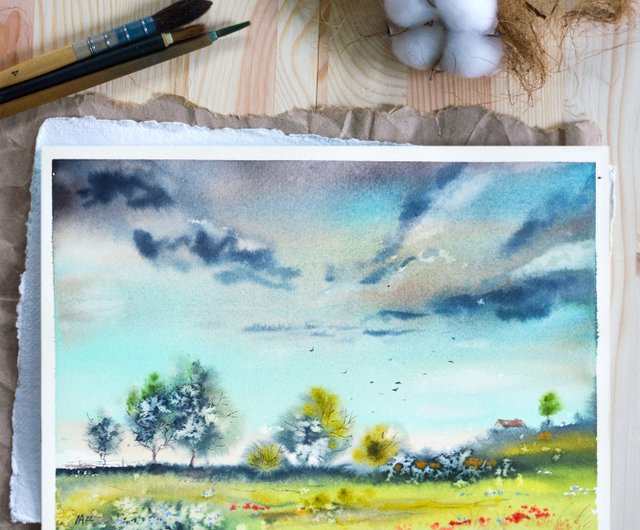 夏の風景 手作りの絵 素朴な オリジナルの水彩画 抽象画 ウォール