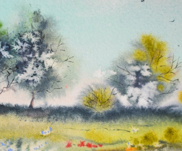 夏の風景 手作りの絵 素朴な オリジナルの水彩画 抽象画 ウォール