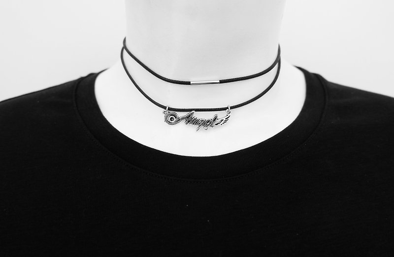 Angel double cord choker / necklace in black , waxed cotton cord - สร้อยคอ - วัสดุอื่นๆ สีดำ