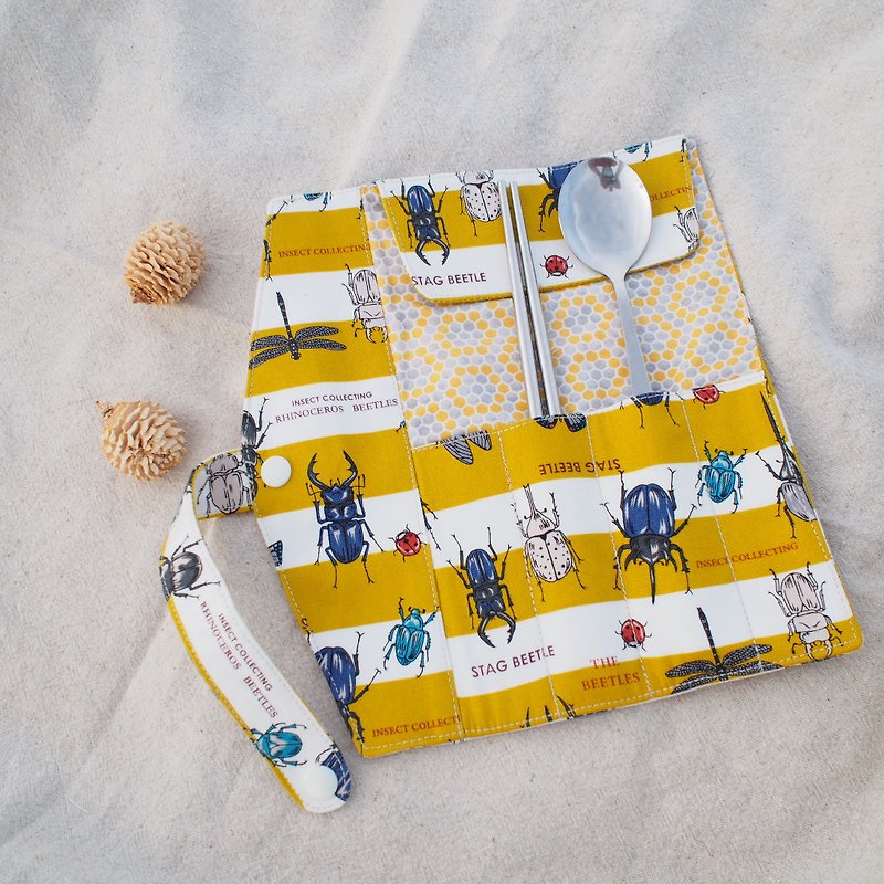 Rolled cutlery bag pencil case storage bag insect yellow - กล่องเก็บของ - ผ้าฝ้าย/ผ้าลินิน 
