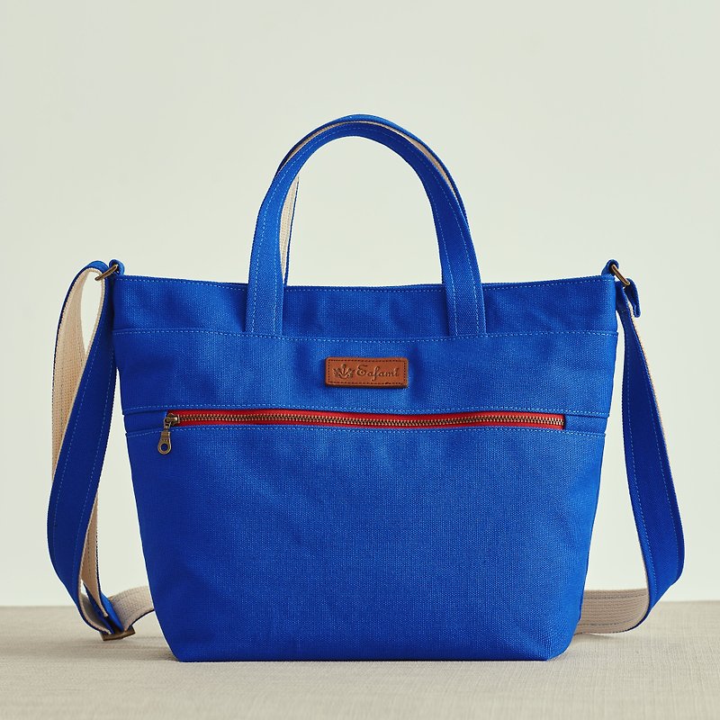 Pure Cotton Canvas Magnetic Buckle Tote Bag Blue-R Multi-compartment Made in Taiwan - กระเป๋าถือ - ผ้าฝ้าย/ผ้าลินิน 