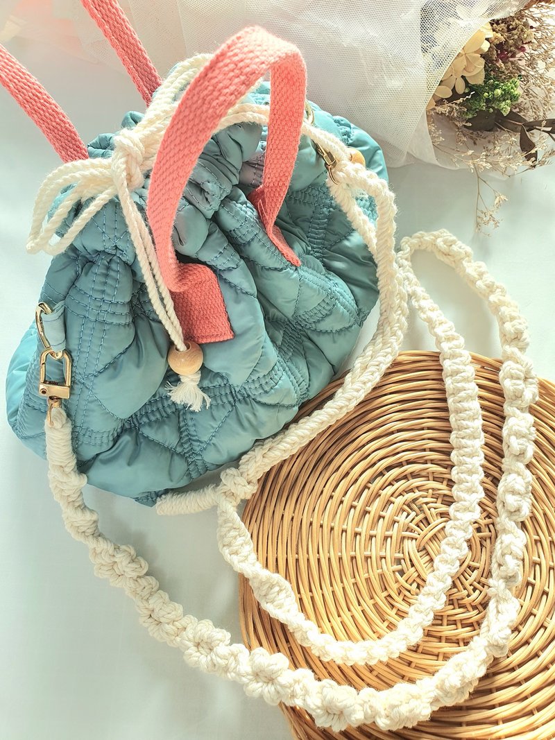 3-Way Quilted Drawstring Bag with Macramé Strap — Lightweight & Soft - Messenger Bags & Sling Bags - Cotton & Hemp Blue