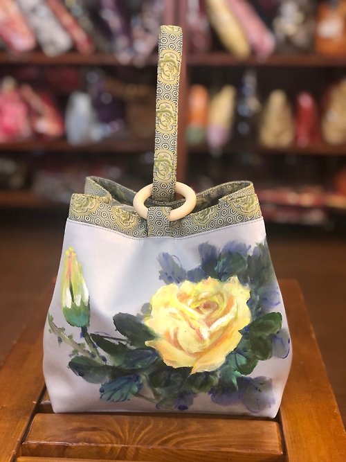葳臻（weijean）手工布包 限量版手繪黃玫瑰小手提四方包獨一無二的生日禮物