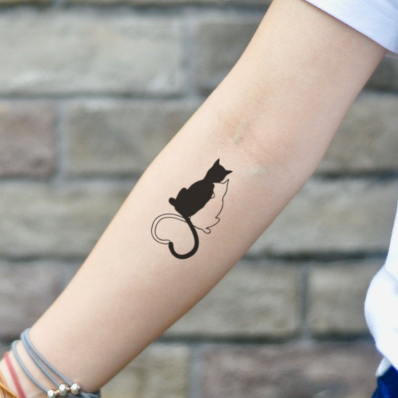 OhMyTatカップル猫のしっぽハート型タトゥーステッカー - タトゥーシール - 紙 ブラック