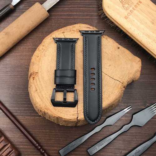 Bara Asah Workshop 【AppleWatch錶帶】黑色植鞣牛皮/法國防汗皮/義大利皮革