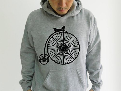 品衣著 古老腳踏車圖案灰色连帽绒衫 手工印自行車形狀連帽袋鼠衛衣 情侶