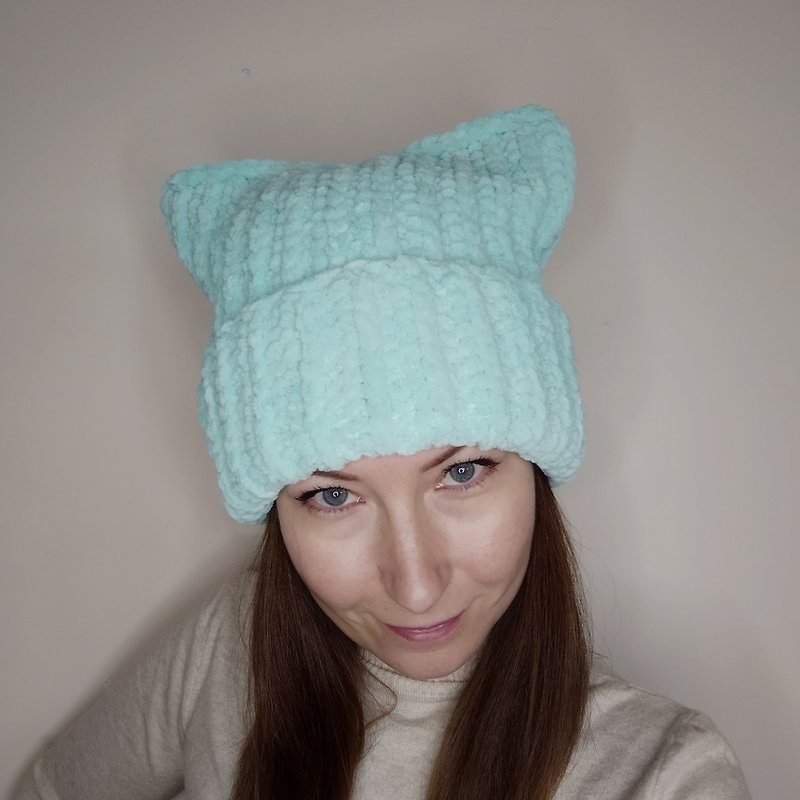 Cat ear beanie crochet Mint color beanie with cat ears Fluffy hat for women - Hats & Caps - Other Materials Blue