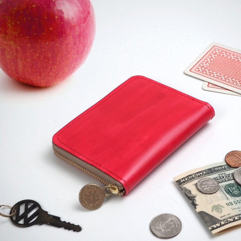 Round zipper compact wallet / Red / Hand painted - กระเป๋าสตางค์ - หนังแท้ สีแดง
