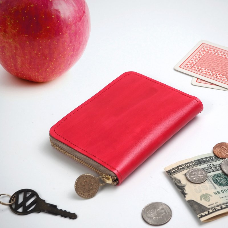 Round zipper compact wallet / Red / Hand painted - Wallets - Genuine Leather Red