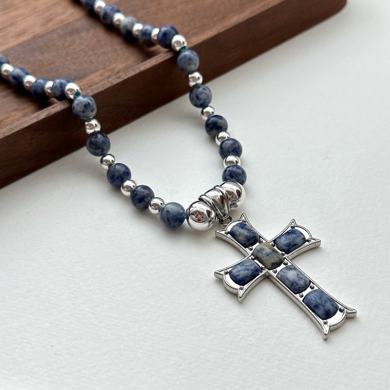 [Clear yourself] blue Stone cross Silver necklace to dispel stress, firmness and courage to heal the soul - Necklaces - Semi-Precious Stones Blue