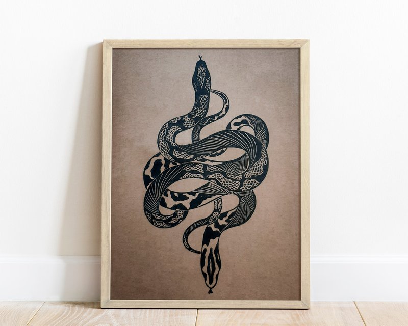 Boho black antique snake art Original linocut print artwork Housewarming gift - 海報/掛畫/掛布 - 紙 黑色
