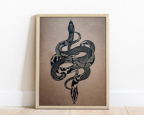 daashart Boho black antique snake art Original linocut print artwork Housewarming gift