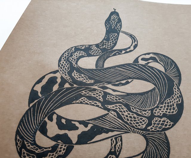 Boho black antique snake art Original linocut print artwork