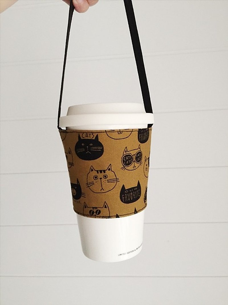 ストラップを運ぶhairmo素晴らしい猫緑のコーヒーカップスリーブ/飲料カップ - コーヒー1（..家族0.711マクドナルド手カップ） - ドリンクホルダー - コットン・麻 ブラウン