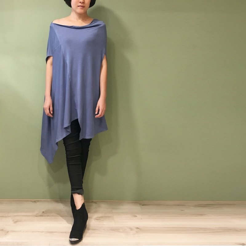 top Square vertical cut staggered top (can be changed by one word collar/V-neck drape/shoulder)-blue - Women's Tops - Cotton & Hemp Blue
