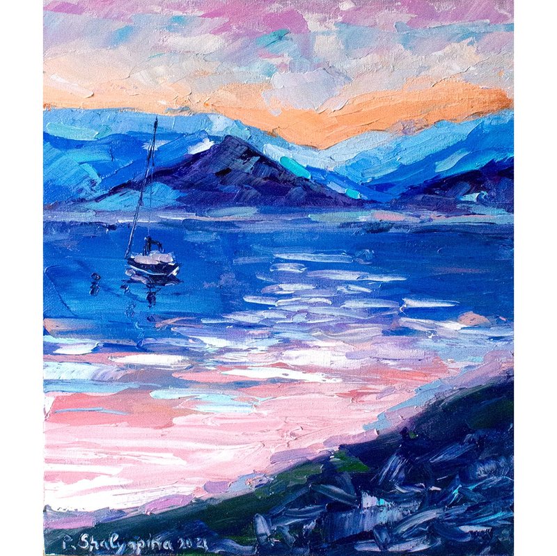 Seascape Oil Painting Mountain Original Art Boat Artwork Impasto Wall Art - โปสเตอร์ - วัสดุอื่นๆ สีน้ำเงิน