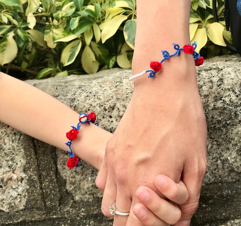 tatted rose bracelet (red-blue) / gift / Parent-child / Swarovski crystal pearl - Bracelets - Cotton & Hemp Red