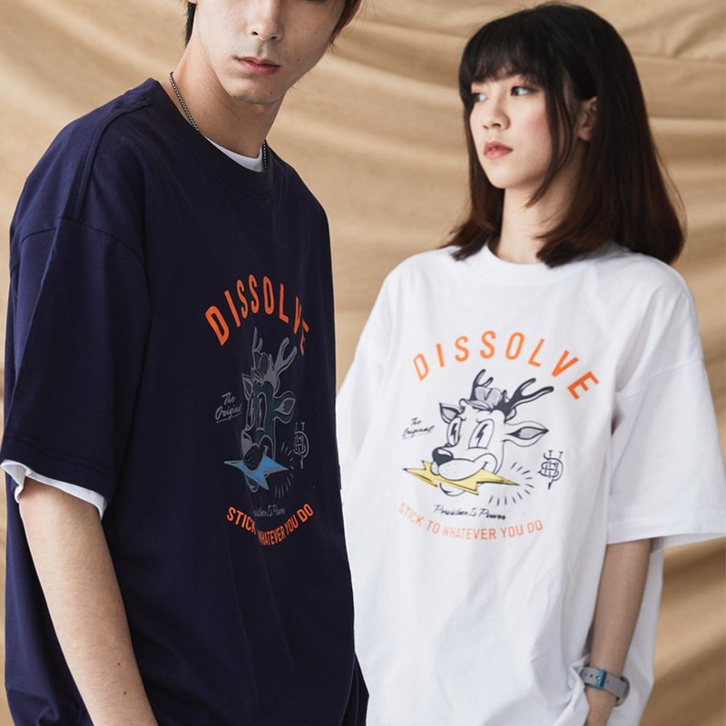 DISSOLVE 閃電麋鹿 撞色Tee恤 男女寬鬆通用版型 - 男 T 恤 - 棉．麻 白色