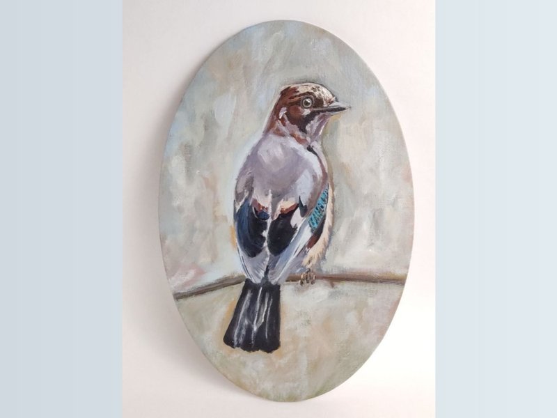 Jay painting artwork original oil art bird portrate - 海報/掛畫/掛布 - 其他材質 灰色