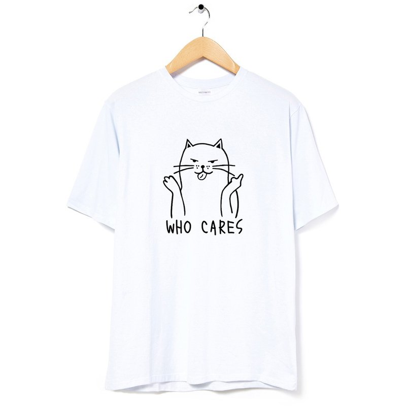 Who Cares Cat #2 unisex white t shirt - เสื้อยืดผู้ชาย - ผ้าฝ้าย/ผ้าลินิน ขาว