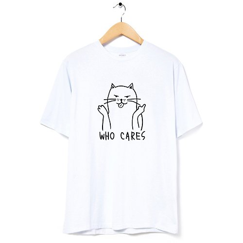 hipster Who Cares Cat #2 中性短袖T恤 白色 狗貓毛小孩禮物聖誕貓之日