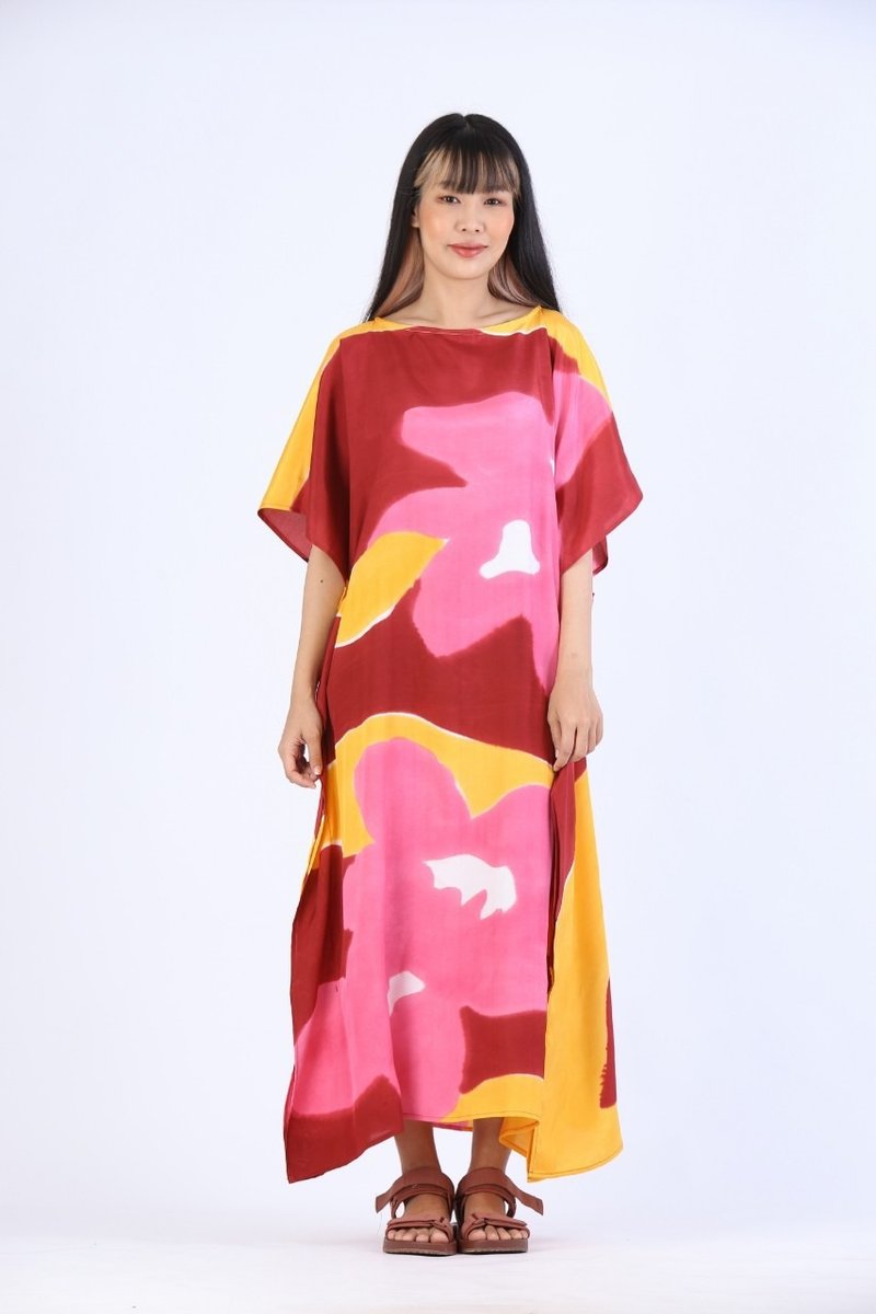 Hand Painted Cotton Silk Kaftan for Summer Resort Vacation- - 洋裝/連身裙 - 聚酯纖維 粉紅色