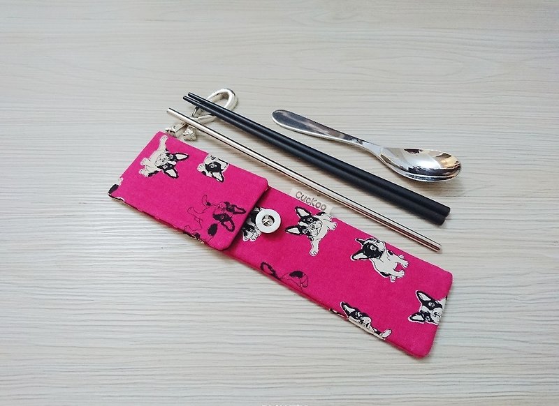 Eco-friendly tableware storage bag chopsticks bag combination chopsticks special dog peach pink - ช้อนส้อม - ผ้าฝ้าย/ผ้าลินิน 