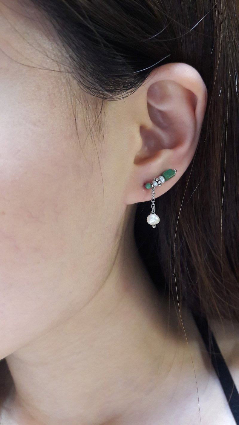 耳環。綠松石*珍珠垂墜服貼橫排純銀耳針耳環 - 耳環/耳夾 - 寶石 綠色