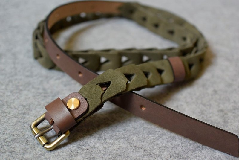 YOURS braided combination leather belt dark wood + green suede - เข็มขัด - หนังแท้ 