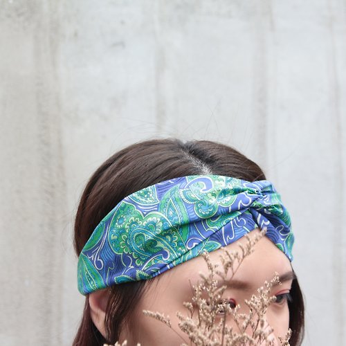 十針十線 普羅透斯 藍紫與草綠 復古變形蟲 手工十字鬆緊髮帶