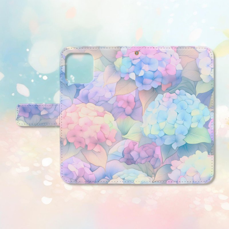 パステルカラーの紫陽花の花霞イラスト 手帳型スマホケース 【2】iPhone Android各機種対応  ハイクオリティタイプ - 手機殼/手機套 - 真皮 多色