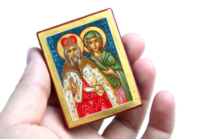 hand painted orthodox wood icon saint holy righteous Zechariah and Elizabeth - 其他 - 木頭 藍色