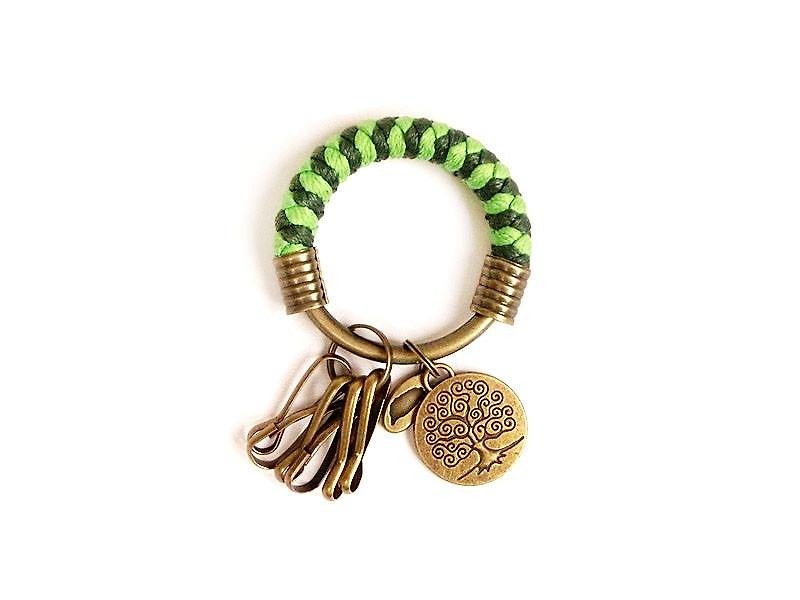 Key ring (small) 5.3CM grass green + dark green + tree of life braided wax rope hoop customized - Keychains - Other Metals Green