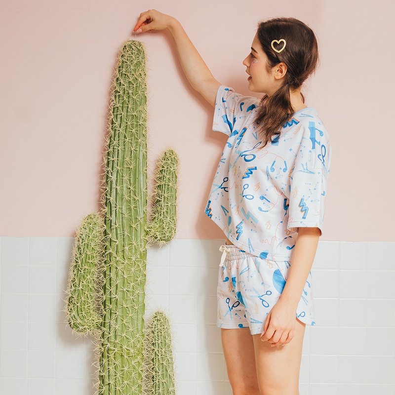 電調的青春短袖睡衣套組 / 米 - 睡衣/居家服 - 棉．麻 白色