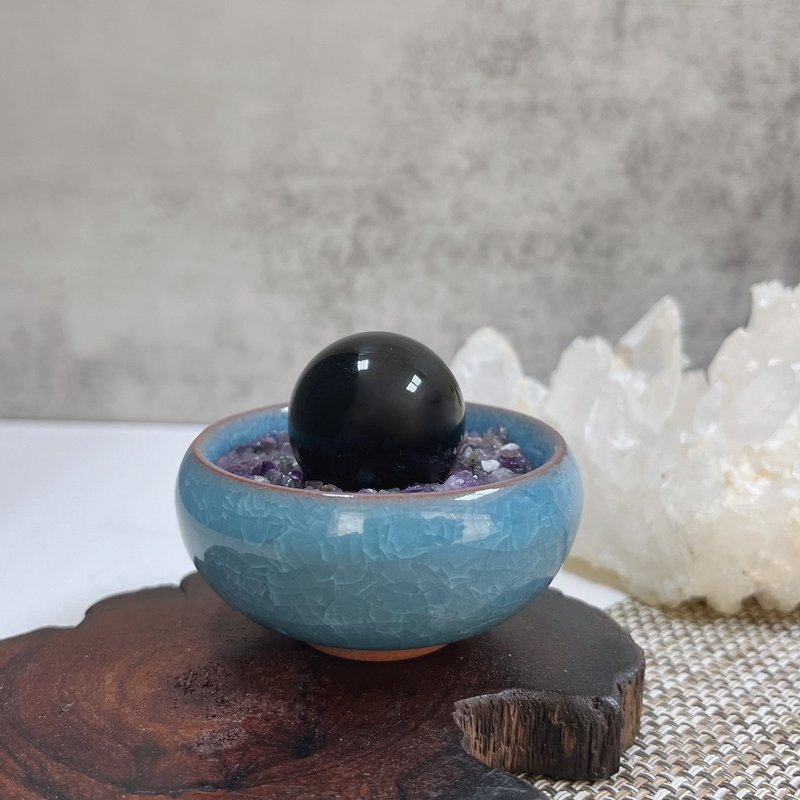 Obsidian ball desk good luck charm to protect against villains and remove negative energy. Comes with an amethyst Stone basin. - ของวางตกแต่ง - เครื่องประดับพลอย 