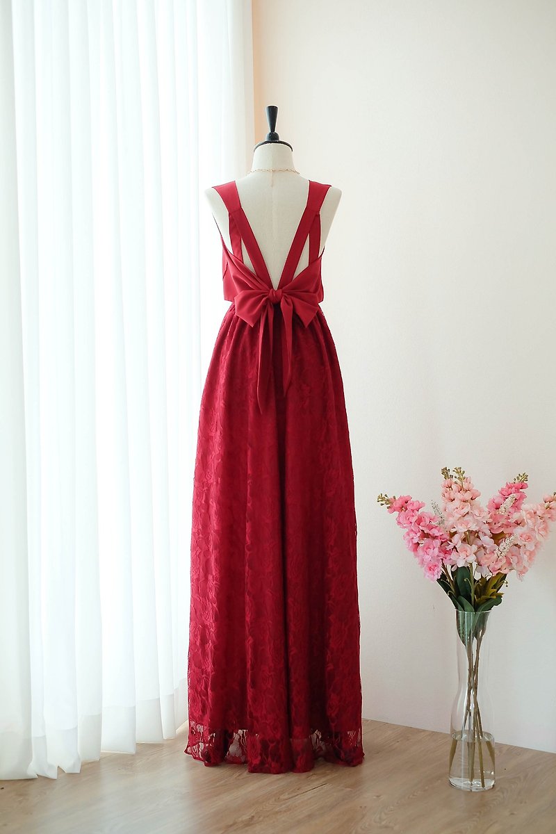 Red dress Lace dress Bridesmaid dress Prom Cocktail Party Wedding Dress - 禮服/小禮服 - 聚酯纖維 紅色