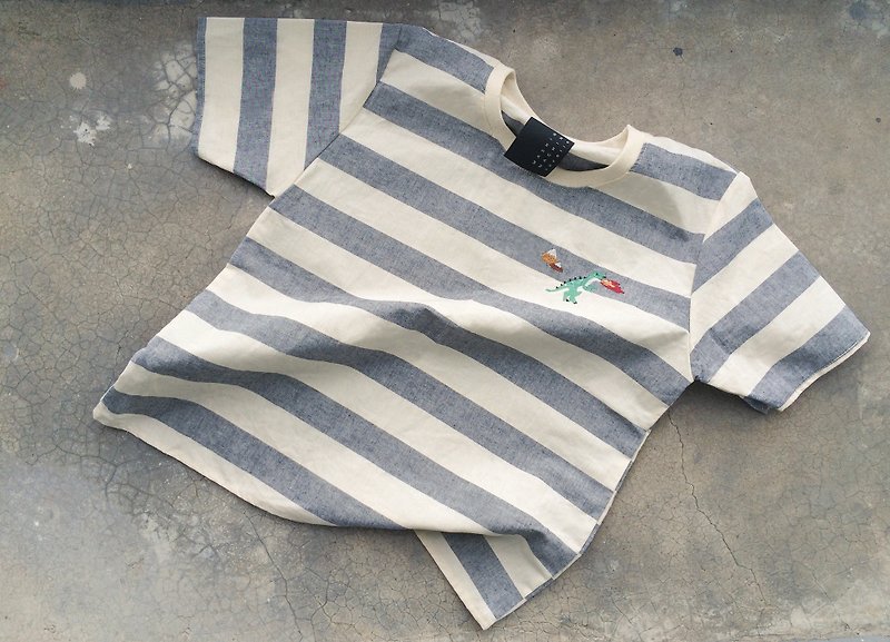 stripe crop top with dinosaur - embroidery - 女上衣/長袖上衣 - 棉．麻 灰色