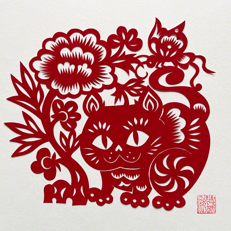 Made-to-order paper cutout, cat and peony, butterfly - Posters - Paper Red