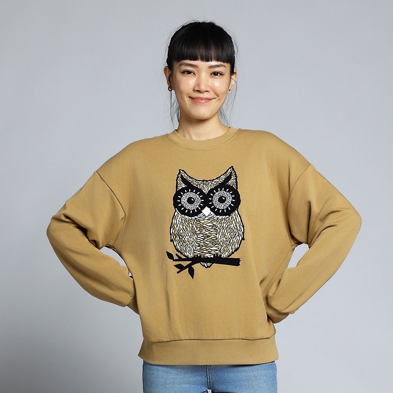 [Forest Animal Series] Owl flocked off-shoulder University T unisex style (Khaki) - Men's T-Shirts & Tops - Cotton & Hemp Khaki