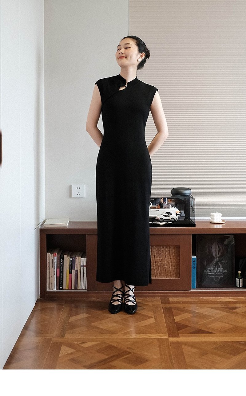 New Chinese style improved cheongsam simple retro temperament knitted elastic slim fit medium and long dress dress - Qipao - Other Materials Black