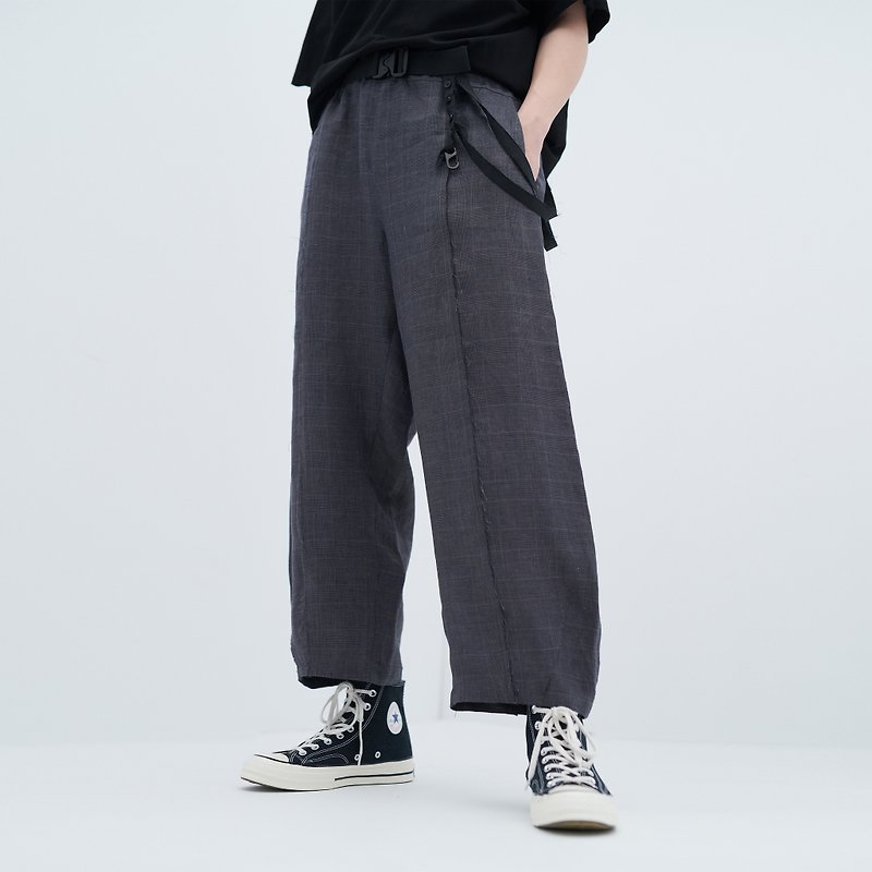 TRAN - Hemp Plaid Pants - กางเกงขายาว - ผ้าฝ้าย/ผ้าลินิน สีเทา