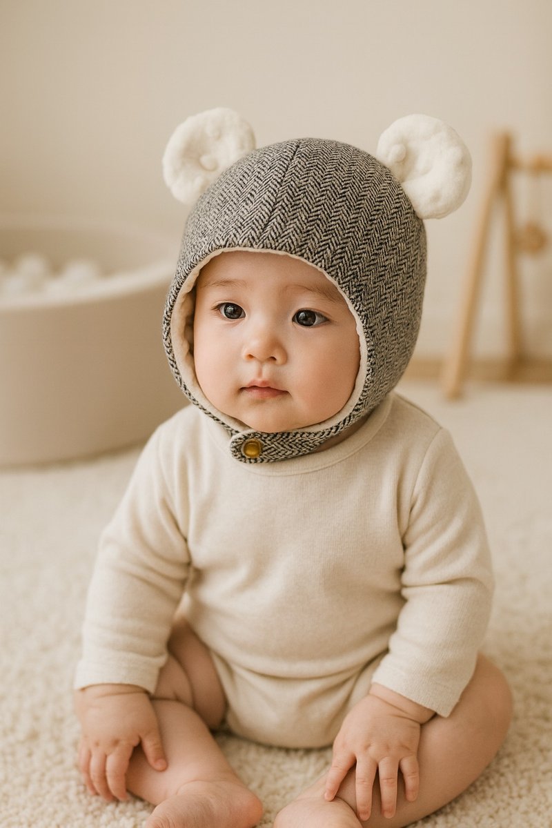 倫敦紳士灰針織 手工嬰幼兒保暖飛行帽 寶寶帽 保暖帽 - 嬰兒帽子/髮帶 - 棉．麻 