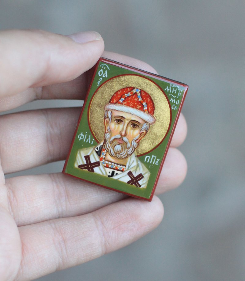 hand painted orthodox wood icon Saint Philip Metropolitan holy bishop of Moscow - 其他 - 木頭 綠色
