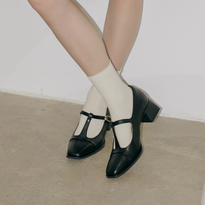 Square Toe Thin Strap Mary Jane - Thick Heel Shoes - Black - รองเท้าส้นสูง - หนังแท้ สีดำ