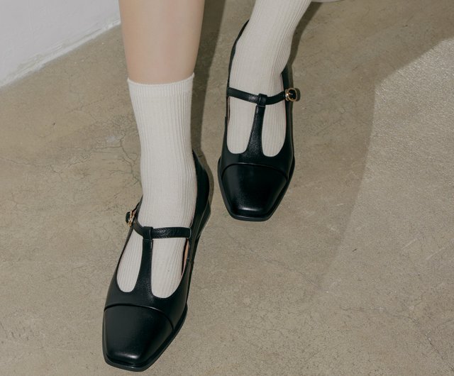 スクエア トゥ シン ストラップ メリー ジェーン - 太いヒール