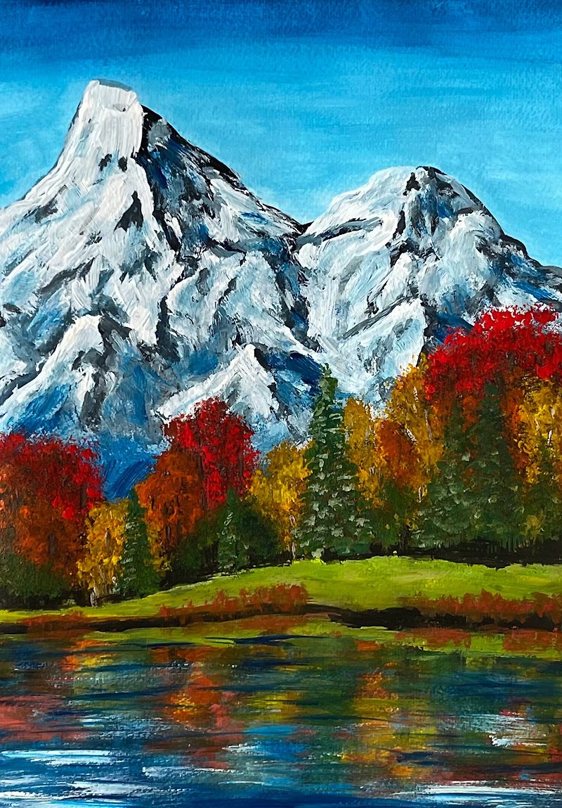 Autumn in the mountains. Light blue mountains. Gouache. - ตกแต่งผนัง - กระดาษ 