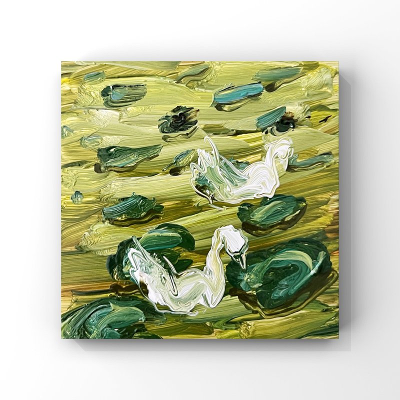 Swans Among Lily Pads Textured Oil Painting in Serene Green and White Tones 4in - 海報/掛畫/掛布 - 其他材質 綠色